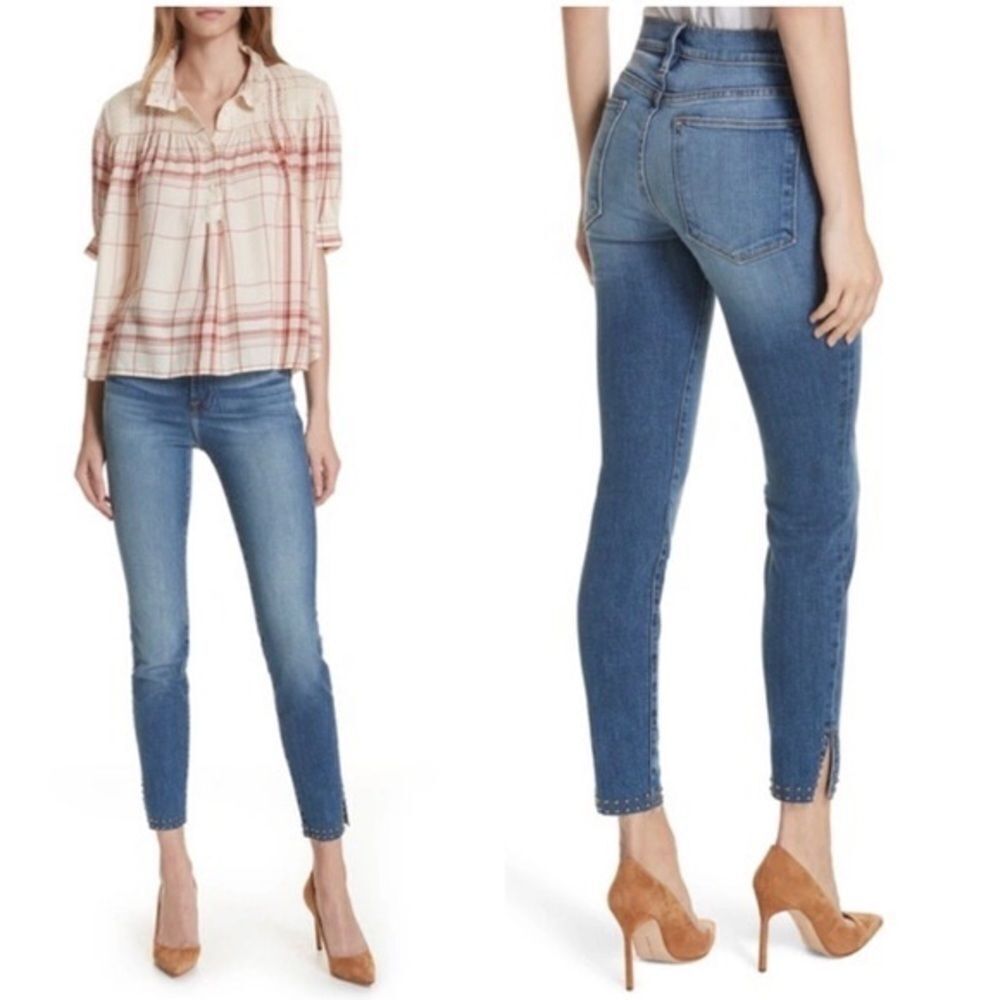 Frame Le High Skinny Slit Stud Detail Jeans Mid Blue Wash Size 27